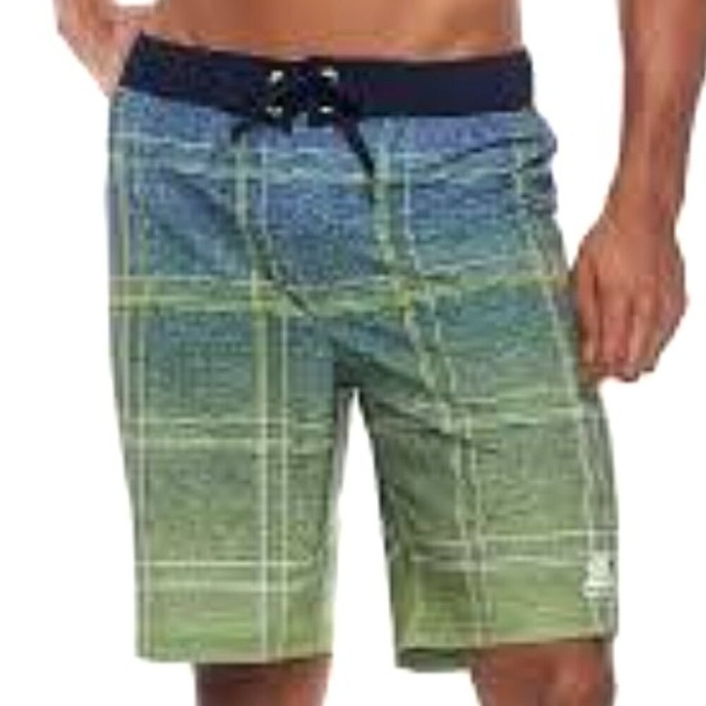 ZEROXPOSUR Men's Green Coaster‎ Plaid UPF50 Stretch Flat Swim Shorts Size M/M